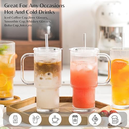 INSETLAN Lot de 2 verres de 760 ml, avec couvercle et paille, gobelets nervurés avec couvercle et anse, verre épais, idéal pour le café glacé, le matcha, le latte, les jus et autres boissons - Nail Gallerys