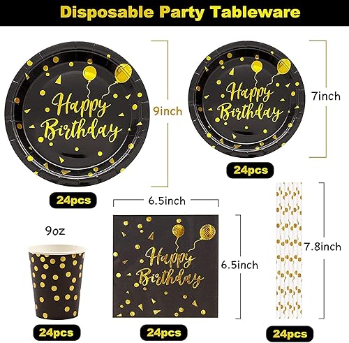 Rorchio Vaisselle Jetable Anniversaire Assiettes Carton Noire Or, 24 invités Assiettes Gobelets Pailles et Serviettes pour Fête Anniversaire Fille Garçon Femme Homme - Nail Gallerys
