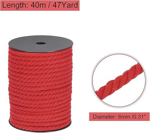 QUARKZMAN Corde en Coton à 3 Brins Torsadée, Corde Tressée, Rouge 40M/47 Yards 8mm de Diamètre pour Suspendu Murale, Suspendu de Plante, Tricot, Nœuds de Macramé - Nail Gallerys