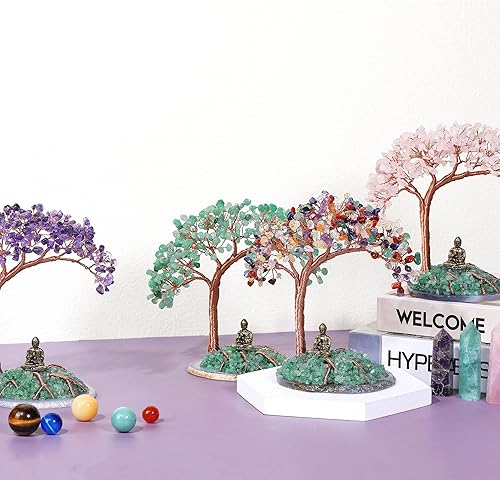 JSDDE Feng Shui Arbre de vie, d'argent, décoration, figurine Bouddha, avec base d'agate, pierre de guérison, de tambour, porte-bonheur, pour la maison, l’appartement, le bureau, la chambre, chakra - Nail Gallerys