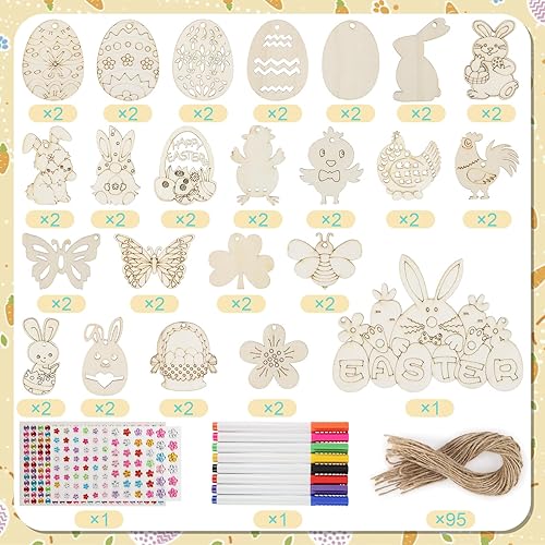 ANTROBIN Kit de bricolage de Pâques, pendentifs en bois pour peindre, bricoler Pâques, enfants - Œufs de Pâques - Lapin - Poulet - Fleur - Avec stylo aquarelle, corde, pinceau, cadeaux de Pâques pour - Nail Gallerys