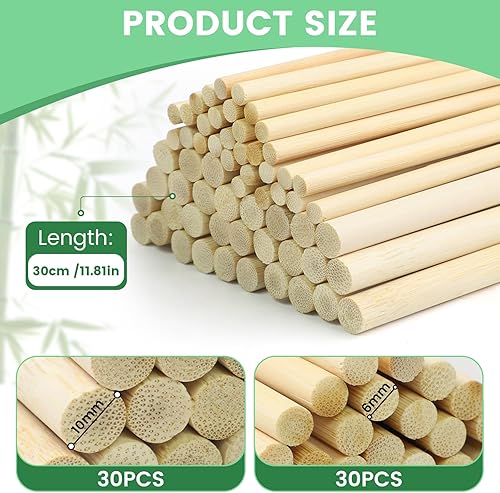 Lot de 60 bâtonnets ronds en bois - 2 tailles - Diamètre 6 mm + Ø 10 mm x 30 cm - Baguettes rondes en bois - Pour bricolage - Nail Gallerys