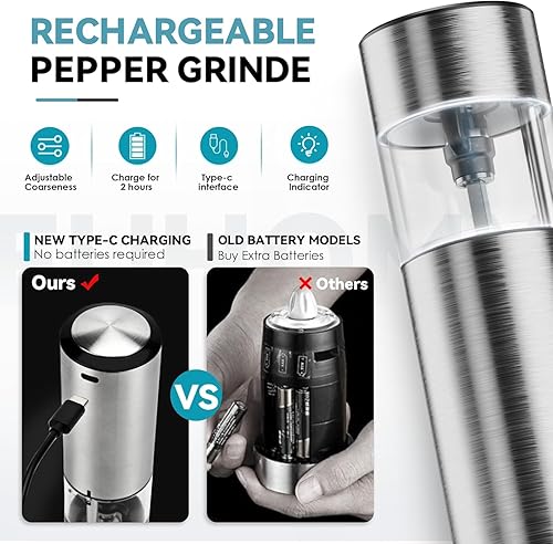 SOONHUA Lot de 2 moulins à sel et à poivre électriques de type C rechargeables à une main, degré de mouture réglable fin à grossier - Nail Gallerys