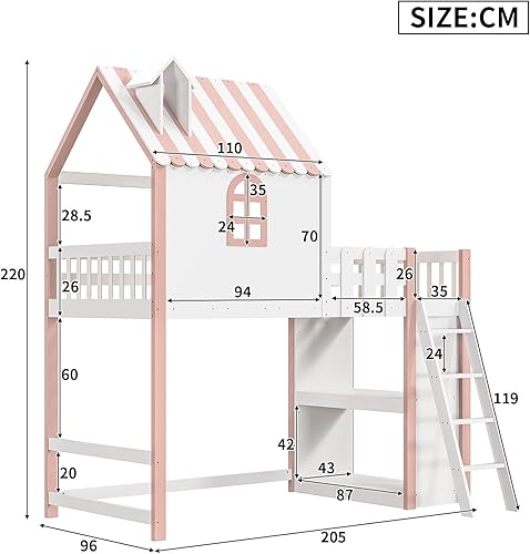 LLODERY Lit pour enfant en forme de maison 90 x 200 cm avec bibliothèque, lit mezzanine avec échelle et protection anti-chute. Lit de maison/jolie fille avec sommier à lattes. Lit en bois massif, rose - Nail Gallerys