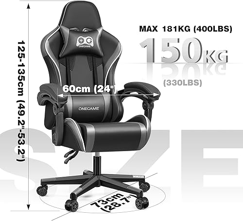OneGame Chaise de gaming - Ergonomique - Réglable en hauteur - Avec dossier haut réglable - Coussin lombaire réglable - 150 à 200 kg - Gris - Nail Gallerys