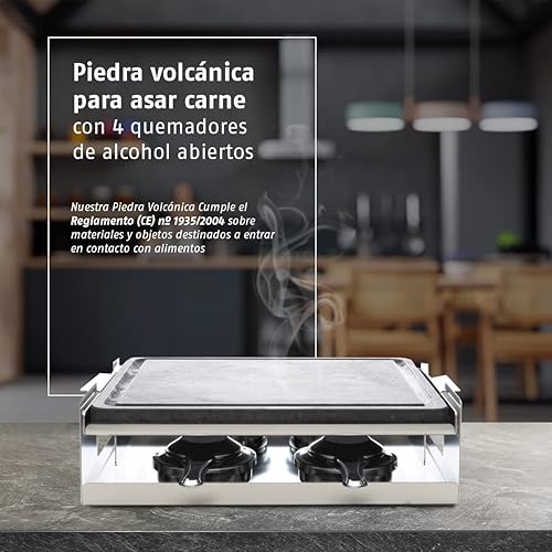 Pierre volcanique pour rôtir de la viande à la pierre 30 x 25 x 2 cm avec rainure anti-goutte. Comprend brûleurs à alcool, support et plateau en acier inoxydable. Idéal pour barbecues et compatible - Nail Gallerys