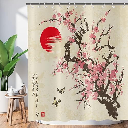 ASDCXZ Rideau de Douche Fleur de Cerisier 180x180 cm, Style Japonais Asie Rose Fleur de Cerisier Soleil Papillon Lavable Textile Rideau Douche imperméable pour Baignoire avec 12 Crochets - Nail Gallerys
