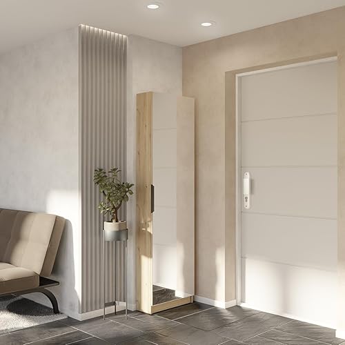 Demeyere Meuble D’Entrée avec Miroir & Rangement pour Chaussures 12 Paires en Bois Moderne – Idéal pour Les Petits Espaces – Coloris Chêne Royal - 50 x 180 x 21 cm - Nail Gallerys