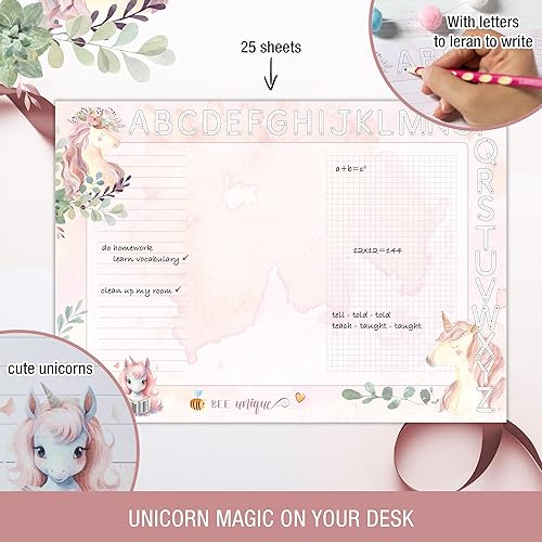 TOBJA Sous-main DIN A3 pour fille - Design licorne mignonne - Papier épais de 90 g/m² - Avec barre ABC à colorier - Parfait pour la rentrée des classes - Sous-main en papier - 25 feuilles - Nail Gallerys