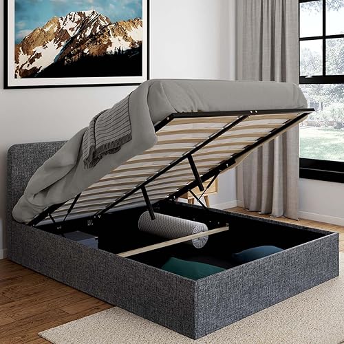 IDMarket - Lit Coffre Double Norfolk avec tête de lit et sommier 140 x 190 cm Tissu Gris Anthracite - Nail Gallerys