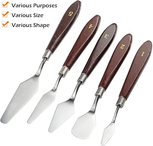 FineGood 5 Pcs Couteaux Palette Set avec 10 Pinceaux de Peinture Pcs, Acier Inoxydable Spatule Peinture à l'huile Poignée en Bois Poignée en Bois et Brosses à Cheveux en Nylon pour Artistes Débutants - Nail Gallerys
