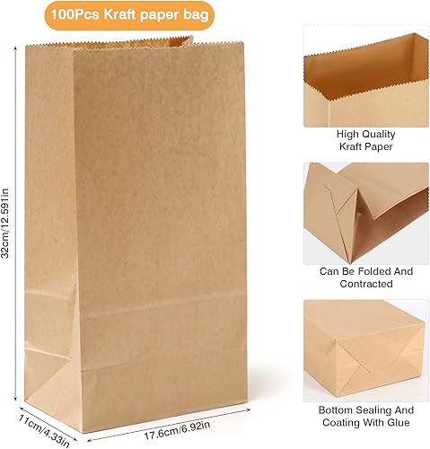 Sacs en Kraft 100 Pièces - Grande Pochette Papier pour Bonbon, Cadeau, Sachet Alimentaire - Noël, Fête, Anniversaire, Mariage, Hamburger, Fruits, Pain (18 * 11 * 32 cm) - Nail Gallerys