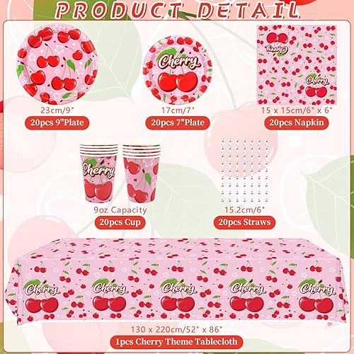 Obussgar Décoration de fête cerise - Vaisselle de fête d'anniversaire cerise comprenant assiettes, tasses, serviettes, nappe, pailles - servie 20 - Nail Gallerys