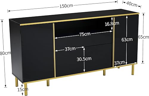 Merax Buffet LED blanc brillant pour salon, chambre à coucher, avec éclairage LED et pieds dorés, commode avec 4 portes et 1 tiroir, 150 x 40 x 80 cm - Nail Gallerys