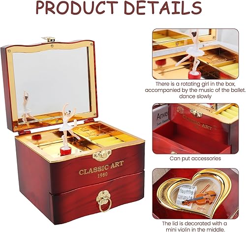 Sonhomay Boîte de rangement à bijoux musicale vintage avec miroir et tiroir Motif fille dansante 13 x 16 5 x 20 cm - Nail Gallerys