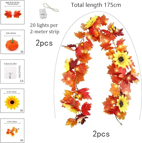 JINXIAN 2 Pièces Feuilles D'érable Vigne Artificielle Guirlande Automne avec Feuilles D'érable de Baies de Citrouille de Tournesol et 4 Crochet Deco Automne Maison - Nail Gallerys