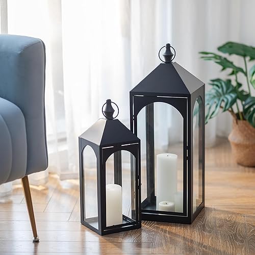 Staymoment Lot de 2 lanternes d'extérieur XXL 43/59 cm - Photophore d'extérieur résistant aux intempéries comme décoration de balcon, jardin - Noir - Avec verre - Nail Gallerys