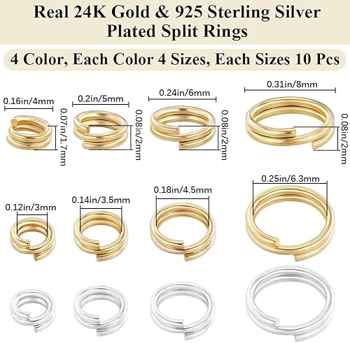 Beebeecraft 80 anneaux Ouverts à Double Boucle de 4/5/6/8 mm Plaqué Or 24 carats et 925 anneaux Fendus Plaqués Argent Sterling avec Boîte de Rangement pour la Fabrication de Colliers - Nail Gallerys