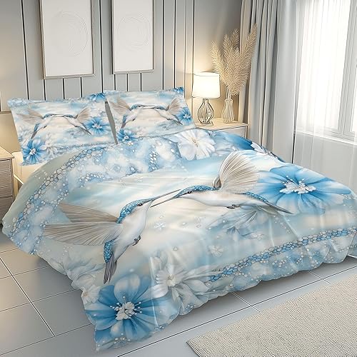 Housse de Couette Colibri Fleur de Pivoine Housse de Couette 220x240 Fermeture Éclair, Naturel Floral Luxe Motif Oiseaux Parure de Lit avec 2 Taies d'oreiller Douce et Respirante - Nail Gallerys