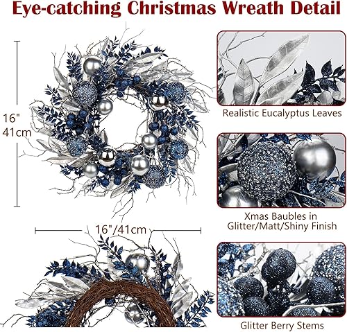 Couronne de Noël pour Porte - Couronne de l'Avent Bleue avec Boules et Branches - Décoration de Table - Diamètre : 40 cm - Nail Gallerys
