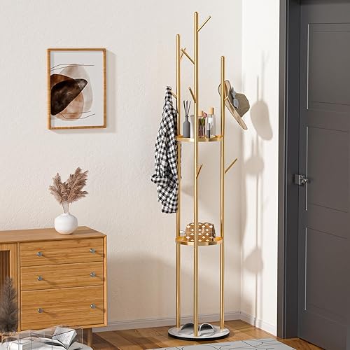 funrautz Porte-manteau sur pied avec étagères de rangement et crochets, porte-manteau vertical pour vêtements, chapeaux, sacs, veste, pour salon, chambre, maison, bureau - Doré - Nail Gallerys