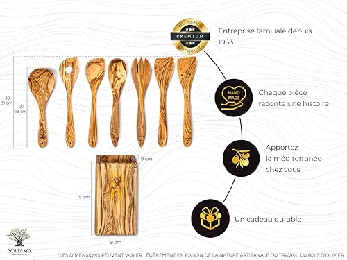 SOLTAKO Ustensiles de Cuisine avec Support, Lot de 7 Cuillères de Cuisine, Spatules, Palettes, Cuillères, Couvert à Salade en Bois d’Olivier Brut, Cuisine Accessoires 30cm - Nail Gallerys