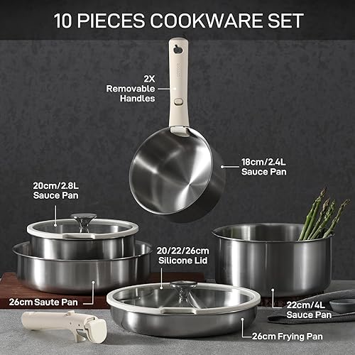 CAROTE 10 Pièces Batterie de Cuisine Induction Inox, 18/20/22cm Casseroles Induction, 26cm Poele, 26cm Sauteuse, Poignée Amovible, Couvercles, Base Epaisse, Passe au Four/Lave-Vaisselle - Nail Gallerys
