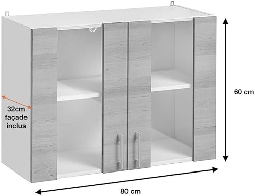 Cuisineandcie - Meuble Haut de Cuisine Eco Gris Brillant 2 Portes vitrées L 80 cm - Nail Gallerys