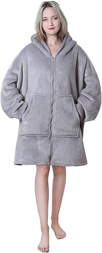 Queenshin Sweat à Capuche Polaire Couverture Zip avec Poche et Fermeture éclair, Gris Douce et Chaude Sweat Plaid en Flanelle et Sherpa, Taille Unique - Nail Gallerys