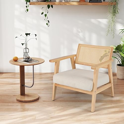 COSTWAY Chaise d'Appoint en Velours Côtelé, Chaise de Loisirs d'ntérieur avec Siège Rembourré et Dossier en Rotin, Fauteuil Rembourré en Bois d'Hévéa, pour Chambre, Salon, Bureau, Naturel - Nail Gallerys