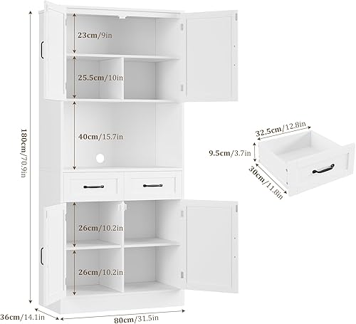 HOCSOK Buffet Cuisine, 180 cm Vaisselier avec 4 Portes et 2 Tiroirs, Meuble Cuisine Rangement avec Etagères Réglables, Armoire Vitrine Cuisine, Blanc - Nail Gallerys