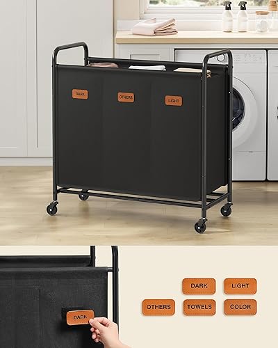 SONGMICS Panier à linge avec roulettes, panier à linge 3 compartiments, 170 l, panier à linge mobile, 5 étiquettes, pour buanderie, chambre à coucher, salle de bain, noir d'encre RLS330B01 - Nail Gallerys