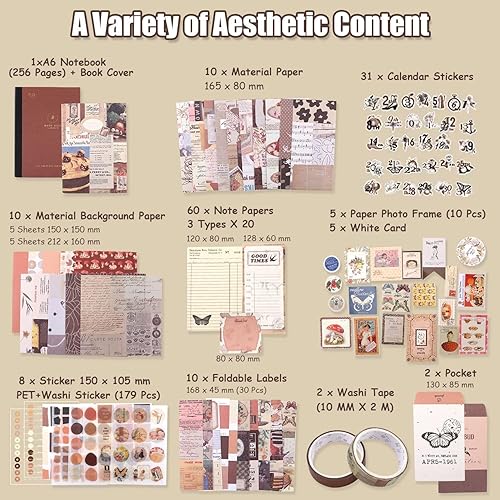 VicTop Lot de 346 Accessoires de Scrapbook Vintage Kit Bullet Journal Scrapbooking Esthétique Scrapbooking Materiel avec Grille A6, Scrapbooking Autocollant DIY Cadeau pour Filles Femmes - Nail Gallerys