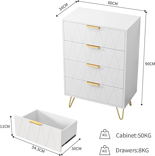 KRYZOR Commode Chambre 4 tiroirs, Commode Blanche 4 tiroirs, Meuble de Rangement, avec Poignées et Pieds dorés, Commode Rangement, pour Chambre à Coucher, Salon (34x60x90 cm) - Nail Gallerys