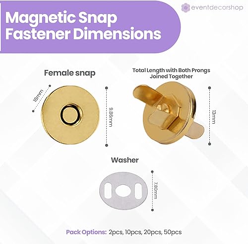 Lot de 20 boutons-pression magnétiques en bronze de 18 mm avec deux rondelles métalliques pour sac à main, artisanat, vêtements, sacs, valises - Nail Gallerys