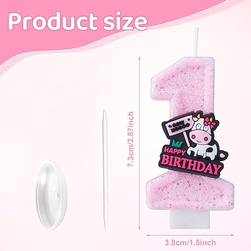Bougie d'Anniversaire Vache, Bougie Numéro 1 à Paillettes Roses Décoration de Gâteau Cowgirl pour Fête Prénatale 1er Anniversaire Thème Ferme (Style 2) - Nail Gallerys