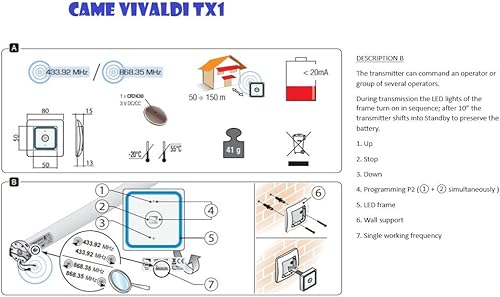 CAME Émetteur 433,92 MHz VIVALDI TX1 pour les volets - Nail Gallerys