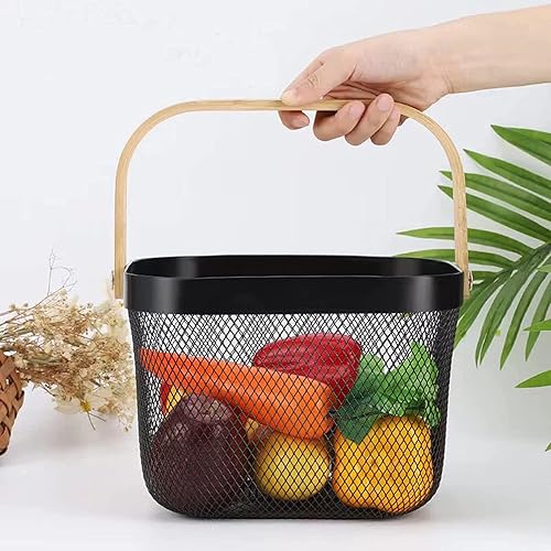 HOJKMA Panier de rangement en maille d'acier avec anse en bois, panier de rangement multifonctionnel en fil métallique à suspendre, idéal pour la cuisine, la salle de bains, les courses, bleu - Nail Gallerys