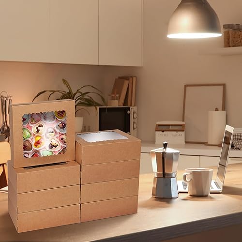 GXFCING Lot de 24 Boîtes à Gâteau Blanc avec Fenêtre - 20,4 x 20,4 x 6,4 cm - Boîtes à Cupcakes - Boîte en Carton pour Biscuits, Muffins, Tartes, Chocolats, Macarons, Donuts - Nail Gallerys