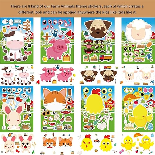 Lot de 24 autocollants animaux de la ferme pour faire un visage – Remplissage de sacs de fête pour enfants et décorations d'anniversaire - Nail Gallerys
