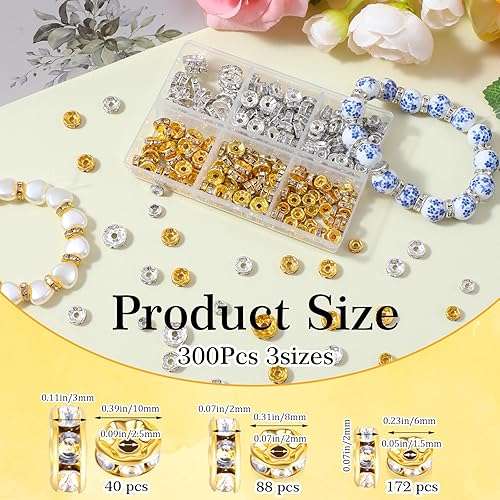 Ouligay Lot de 300 perles entre perles en métal à enfiler pour bracelets - 6 mm, 8 mm, 10 mm - Perles intercalaires en strass pour bracelets, boucles d'oreilles, colliers, bijoux (argent doré) - Nail Gallerys