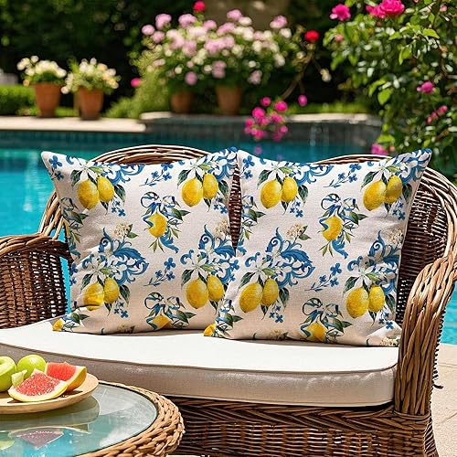 Kiatuniya Housse Coussin 45x45 Extérieur Imperméable Bleu Jaune Citrons Taie d'oreiller Décoratif Canapé Aesthetic Housse de Coussin pour Jardin Balcon Salon Chambre Patio Maison Déco Lot de 2 - Nail Gallerys