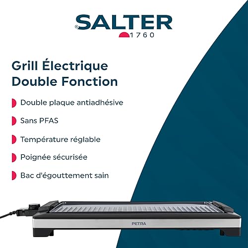 Petra Grill Électrique 2 en 1 - Double Plaque de Cuisson Antiadhésive, Grill Plat & Plaque de Cuisson, Poignée Résistante, Bac d'égouttement Amovible, Sans PFAS, Contrôle de la Température Amovible - Nail Gallerys