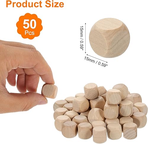 sourcing map Lot de 50 dés vierges en bois brut de 15 mm avec coins arrondis pour projets de bricolage - Nail Gallerys