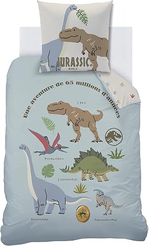 Jurassic World SICJU Parure de lit Enfant | 100% Coton | Oeko-TEX | Housse de Couette 140x200cm+1 Taie d'oreiller 63x63cm | Imprimé Garçon | Bleu - Nail Gallerys