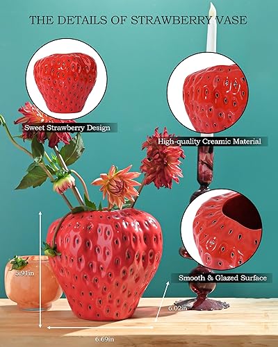 DN DECONATION Vase à Fraises Rouges en céramique pour Fille colorée - Vase décoratif Mignon pour Les décorations de fête aux Fraises - Nail Gallerys