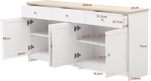 Buffet (160×37×75 cm) en Grain de Bois, Meuble Cuisine avec Etagères Réglables, Buffet Salle a Manger avec Quatre Portes, Trois tiroirs, adapté au Salon et à la Salle à Manger - Nail Gallerys