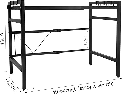 Étagère extensible pour micro-ondes - Organiseur de placard à micro-ondes : 2 niveaux - Étagère de cuisine debout - Étagère à épices pour plan de travail - Étagère de boulangerie (noir + crochets + - Nail Gallerys