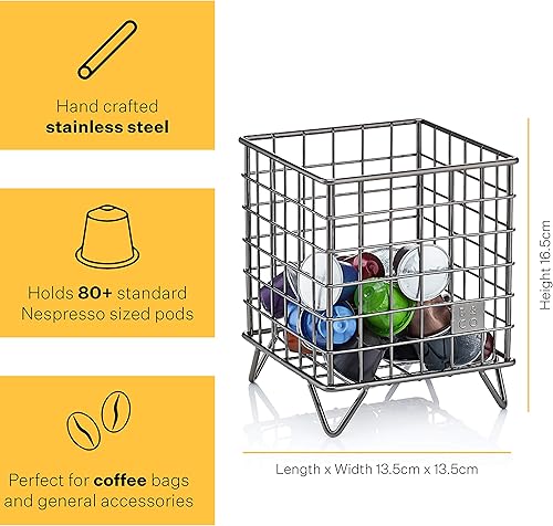 Barista & Co Cage à dosettes de café en acier inoxydable de grande capacité pour plus de 80 capsules de café – Noir avec logo tampon de rangement compatible avec les dosettes de café Nespresso, - Nail Gallerys