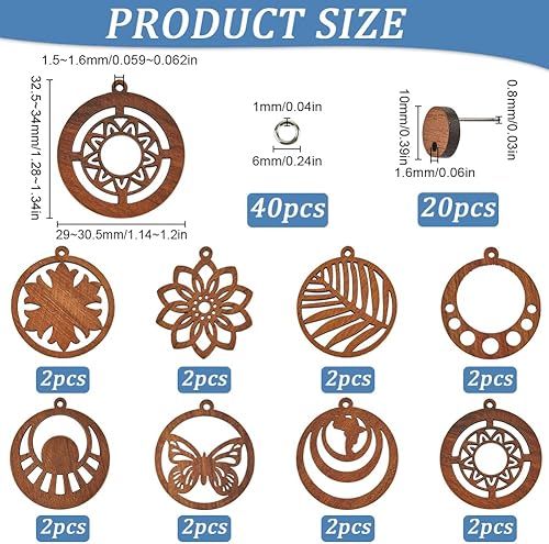 SUNNYCLUE 1 boîte de 8 paires de Boucles D'Oreilles en Bois Breloques en Bois Breloques Rondes Bohèmes en Forme de Fleur de Feuille et de Papillon Breloques en Bois Naturel Breloques Creuses en Filigr - Nail Gallerys